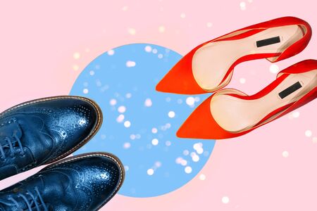 Valentines day concept with man and woman shoes on pastel pink and classic blueの写真素材