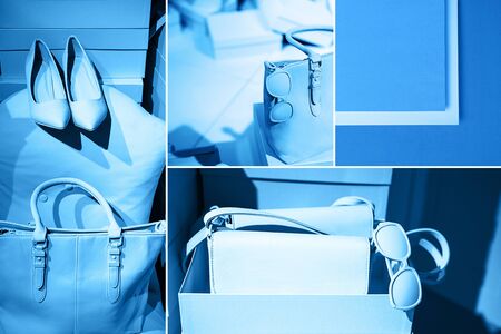 Fashion collage made with photos inspired by classic blue color of the year 2020. Lifestyle in different classic blue colors.の写真素材