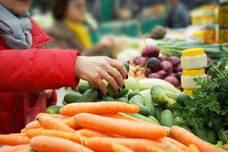 Sales of fresh and organic fruits and vegetables at the green market or farmers market. Citizens buyers choose and buy products for healthy food. female choosing the best cucumbers. lifestyle.の写真素材