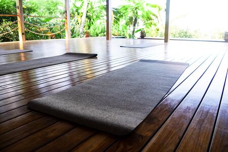 Open tropical yoga studio place with view outside to the beautiful garden with palm trees and ocean. Holiday concept.の写真素材