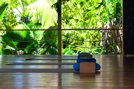 Open tropical yoga studio place with view outside to the beautiful garden with palm trees and ocean. Holiday concept.の写真素材