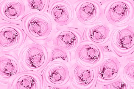Creative pattern with paper rose flower on pastel color background. Trendy contemporary style. Flat lay, still life, art.の写真素材