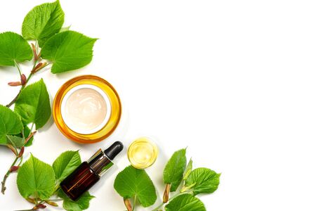 Skin care products, natural cosmetic. Flat lay image on white background Natural cosmetic skincare bottle, serum and organic green leaf. Homemade and beauty product concept.の写真素材