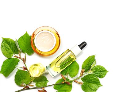 Skin care products, natural cosmetic. Flat lay image on white background Natural cosmetic skincare bottle, serum and organic green leaf. Homemade and beauty product concept.の写真素材