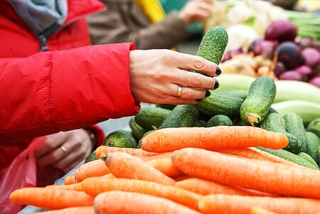 Sales of fresh and organic fruits and vegetables at the green market or farmers market. Citizens buyers choose and buy products for healthy food. female choosing the best cucumbers. lifestyle.の写真素材