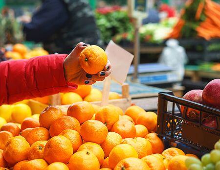 Sales of fresh and organic fruits and vegetables at the green market or farmers market. Citizens buyers choose and buy products for healthy food. Female choosing the best orange. Lifestyle, close up.の写真素材