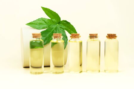 Glass bottles with herbal CBD oil, THC tincture and hemp leaf on pastel beige background. Flat lay, minimal style. Cosmetics CBD oil. Essential natural oils for face and body.の写真素材