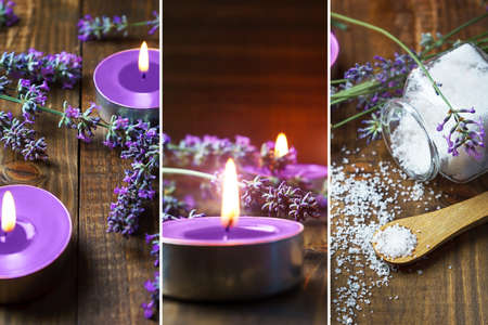 Spa massage setting with lavender flowers, scented aroma candles and flavored salt on wooden background. Close-up. Copy space. Beauty collage.の写真素材