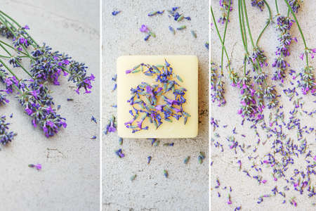Lavender flowers and natural soap for bodycare on concrete background. Flat lay, top view. Copy space. Beauty collage.の写真素材