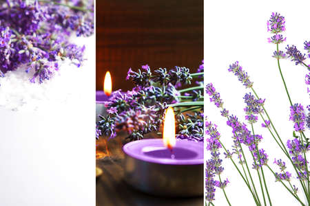 Spa massage setting with lavender flowers, scented aroma candles and flavored salt on wooden background. Close-up. Copy space. Beauty collage.の写真素材