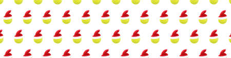 Santa hat on tennis ball pattern on white snow background. Merry Christmas and New year concept with tennis balls. Yellow green color tennis balls, sport lifestyle. Isolated,の写真素材