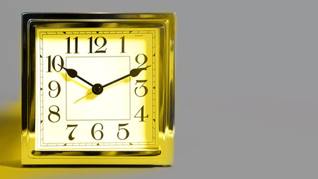Color of the 2021 time concept with metal gold alarm clock and bright illuminating yellow and gray colours background. Shopping. Sale concept. Flat lay, top view, place for text. Abstract bright illuminating yellow and gray colours background. Trendy colors of the year 2021 - Gray and Yellow.の写真素材