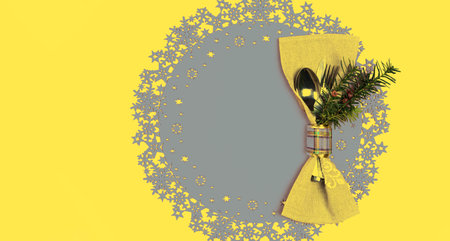Top view Christmas And New Year Holiday Table Place Setting. Concept of Color of the Year 2021 with bright illuminating yellow and gray colours. Winter holidays table. Flat lay, copy space.の写真素材