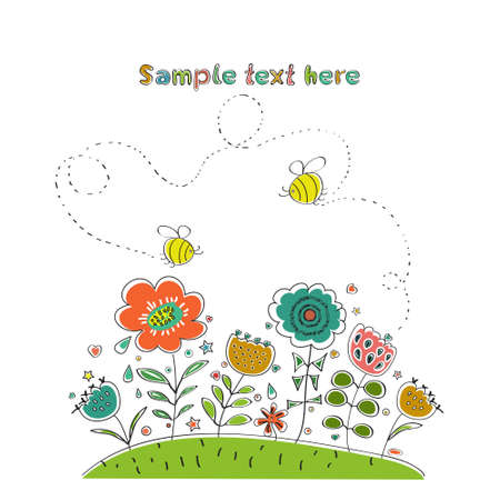 Card with flowers and bees.Vector.のイラスト素材