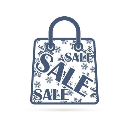 Paper bag for christmas sale with snowflakes and text. Template for design shop, website, banner. Linear pictogram. Vector illustration.のイラスト素材