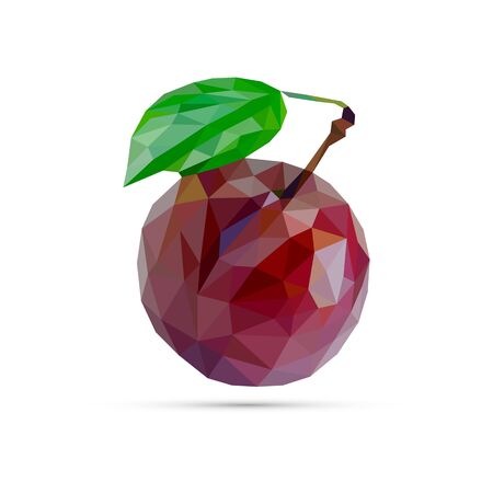 Plum fruit and leaf vector icon. Realistic vector of ripe purple. Low Poly, polygon style. Vector illustration.のイラスト素材