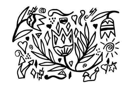 line doodle flower with leaf set, flower pattern, vector illustrationのイラスト素材