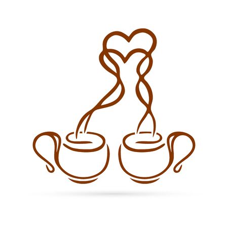 Doodle drink icon. Romantic two cups of coffee or tea with hearts. Hand drawing toast vector illustration.のイラスト素材