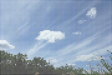 mosaic pattern of sky with clouds, green wood, pixel art, vector illustrationのイラスト素材