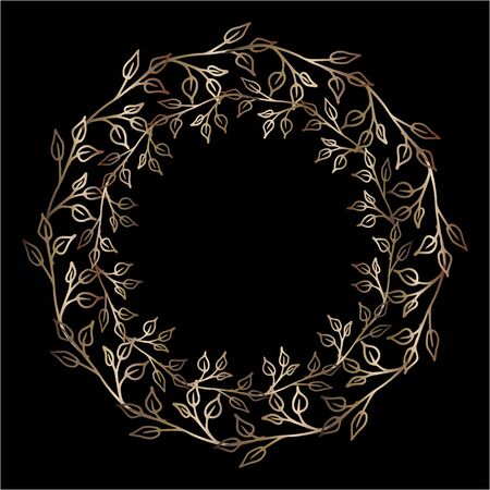 doodle wreaths icon, golden leaf frame for design, kids hand dwawing art line, vector illustrationのイラスト素材