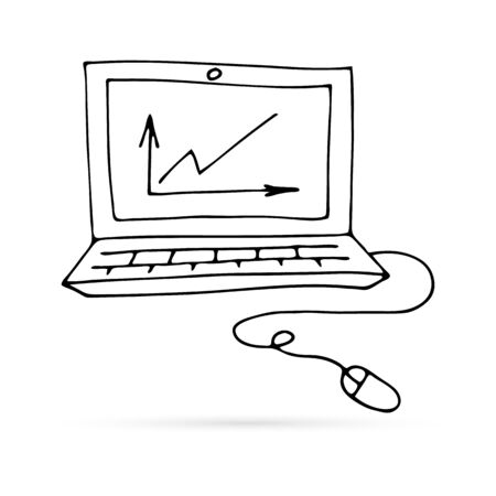 doodle computer with mouse icon, kds art line hand drawing, graph, vector illustrationのイラスト素材