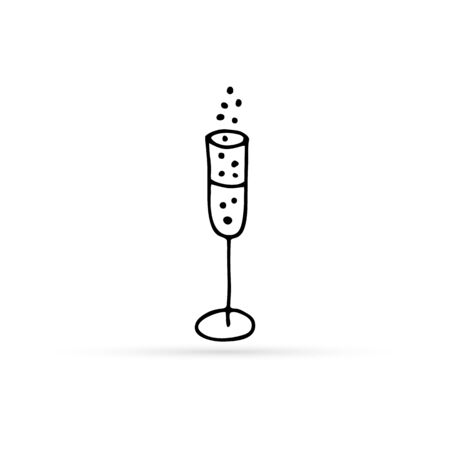 Doodle line icon. Sketch wedding toast, wine glasses. Silhouette champagne with bubbles for illustration of alcoholic drinks, sparkling wine and celebration. Symbol romantic. Outline vector.のイラスト素材