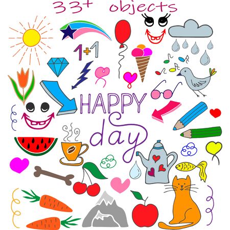 doodle icons set, happy day collection, outline kids hand drawing line art, aketch vector illustrationのイラスト素材
