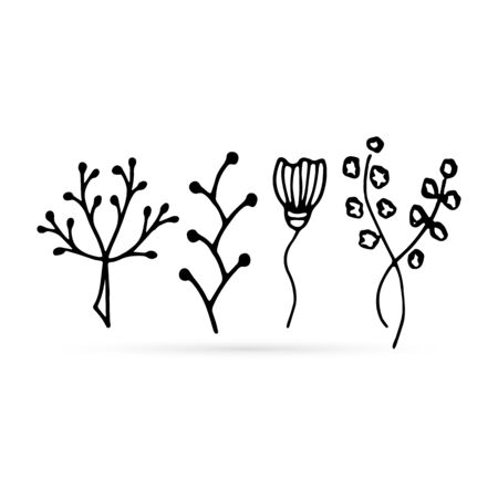 doodle flowers set icon isolated on white, outline kids hand drawing line art for eco design, sketch collection, flower vector stock illustrationのイラスト素材