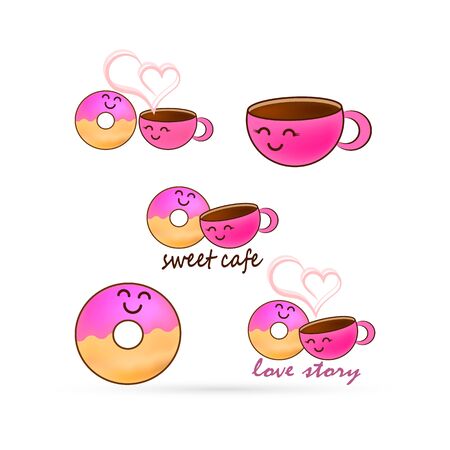 Love story donut and cup of coffee. Doodle food with heart icon isolated on wite. Design for sweet cafe or kids cloth. Colored sticker. Kids hand drawing art line. Sketch vector stock illustrationのイラスト素材
