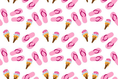 Beach sneakers and ice cream seamless pattern isolated on white, flip flops and food, kids hand...