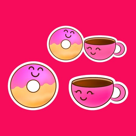 Love story donut and cup of coffee sticker. Doodle food icon. Design for sweet cafe or cloth. Kids hand drawing art line. Sketch vector stock illustrationのイラスト素材