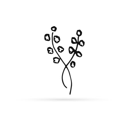 doodle abstract flower icon isolated on white, outline kids hand drawing line art branch with buds for eco design, sketch flower, vector stock illustrationのイラスト素材
