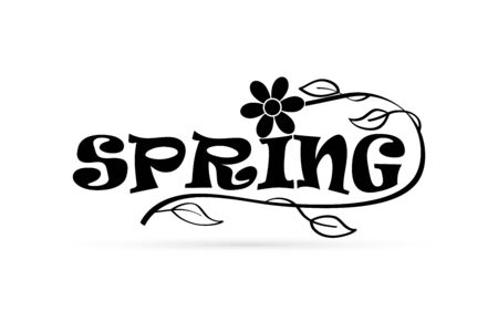 black lettering spring and flower with leaf isolated on white, doodle text, vector stock illustrationのイラスト素材