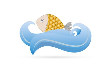 Summer emblem with golden fish and blue wave. design isolated on white. Vector stock illustrationのイラスト素材