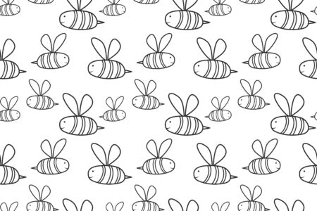 Doodle bee seamless pattern isolated on white. Outline kids hand drawing art. Sketch vector stock illustrationのイラスト素材