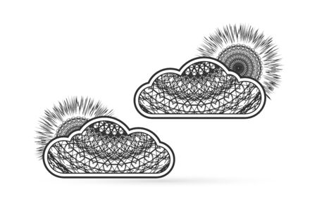 Outline cloud with sun set icon isolated on white. Art line in boho or maori style. Sketch vector stock illustrationのイラスト素材