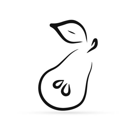 outline pear with leaf icon isolated on white, doodle fruit, kids hand drawing art line, vector stock illustrationのイラスト素材