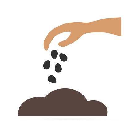 Doodle gardening icon isolated on white. Hand with seed. Vector stock illustrationのイラスト素材