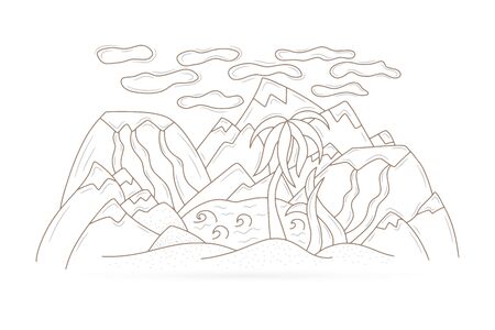 Doodle oasis with lake, volcano, sandy mountains and palm tree isolated on white. Coloring page book. Outline hand drawing line art. Sketch vector stock illustrationのイラスト素材