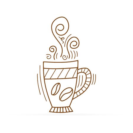 Sketch coffee cup with bean icon isolated on white. Doodle hand drawing line art. Hot drink sign. Beverage symbol. Outline vector stock illustrationのイラスト素材