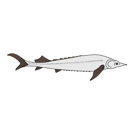 Doodle red fish, sturgeon icon. Seafood symbol. template. Hand drawing art line. Symbol of fishing club or online shop. Restaurant menu.のイラスト素材