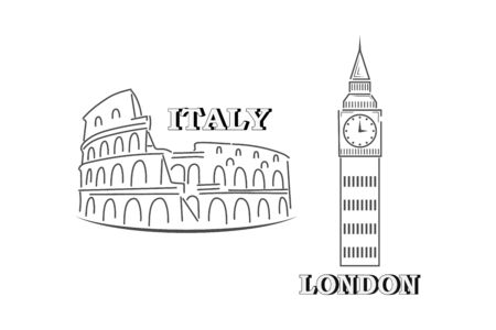 Doodle coliseum and big ben collection isolaten on white. Outline sit icon. Hand drawing line art. Sketch vector stock illustration. EPS 10のイラスト素材