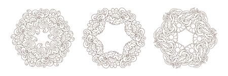 Doodle elegance border set icon isolated on white. Outline flower and leaf frame for wedding design, card. Floral hand dwawing art line. Sketch vector stock illustration. EPS 10のイラスト素材