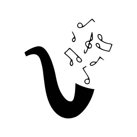 Doodle saxophone with notes icon isolated on white. Hand drawing line art. Music sketch. Vector stock illustration. EPS 10のイラスト素材