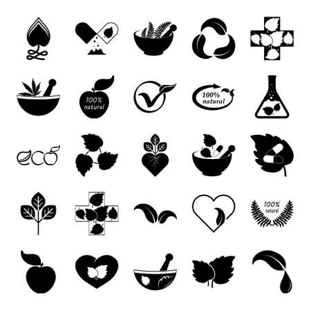 Herbal medicine set icons isolated on white. Stencil eco symbols. Vector stock illustration.のイラスト素材