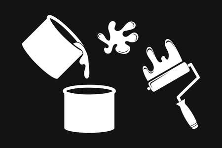 Paint is pouring from a bucket and roller with drop. Icons for construction and repair.のイラスト素材