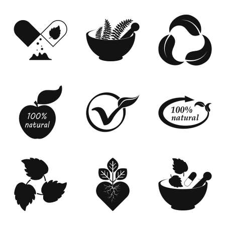 Herbal medicine set icons isolated on white. Stencil eco symbols.のイラスト素材