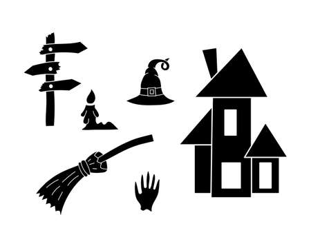 Doodle halloween set icon isolated on white. Stencil collection.のイラスト素材