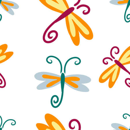 Doodle dragonfly seamless pattern isolated on white.のイラスト素材
