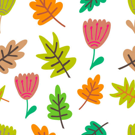 Boho flower with leaf seamless pattern isolated on white. Cartoon vector stock illustration.のイラスト素材